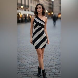 Mustard Seed one shoulder dress size medium stripes black white zipper party